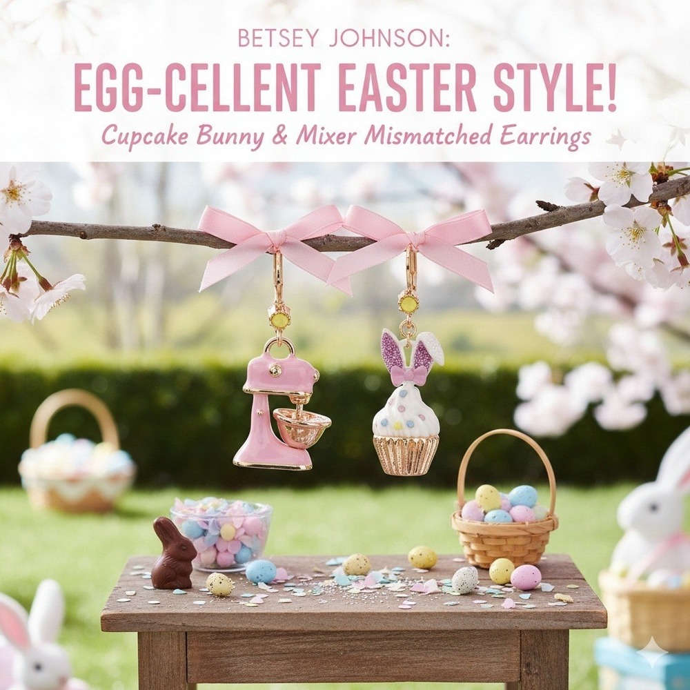Betsey Johnson Bunny Cupcake Mixer Mismatched Earrings Pink‎ Gold Tone Leverback